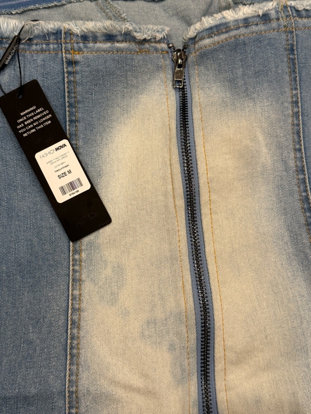 NWT Fashion Nova Light Blue Strapless Distressed Denim & Mesh Mini Dress - Picture 5 of 8